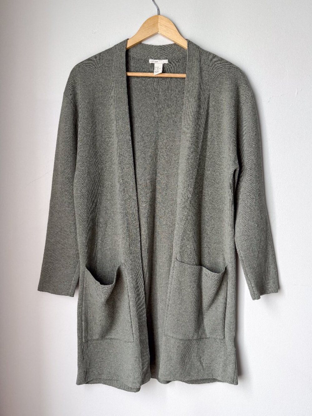 H&M Open Front Long Knit Cardigan Green Drop Shoulder Pockets XS